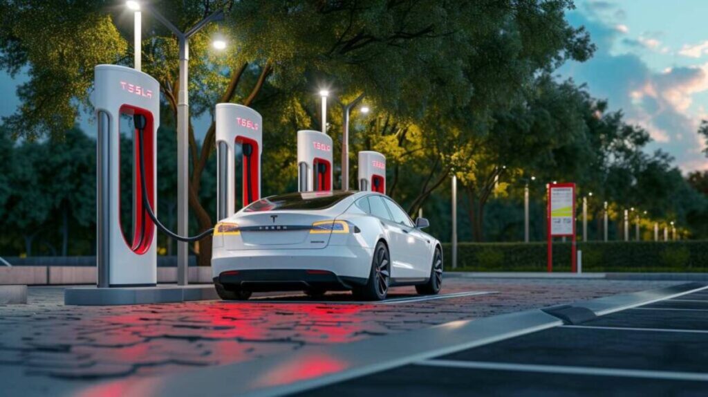 A white Tesla car charging at a dimly lit Supercharger station.