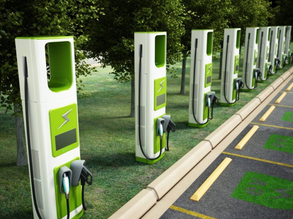 A row of modern electric vehicle charging stations.