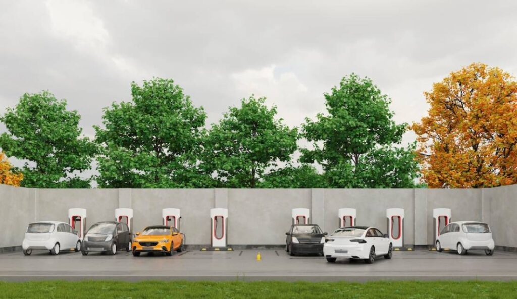 A modern electric car charging station with various cars parked.