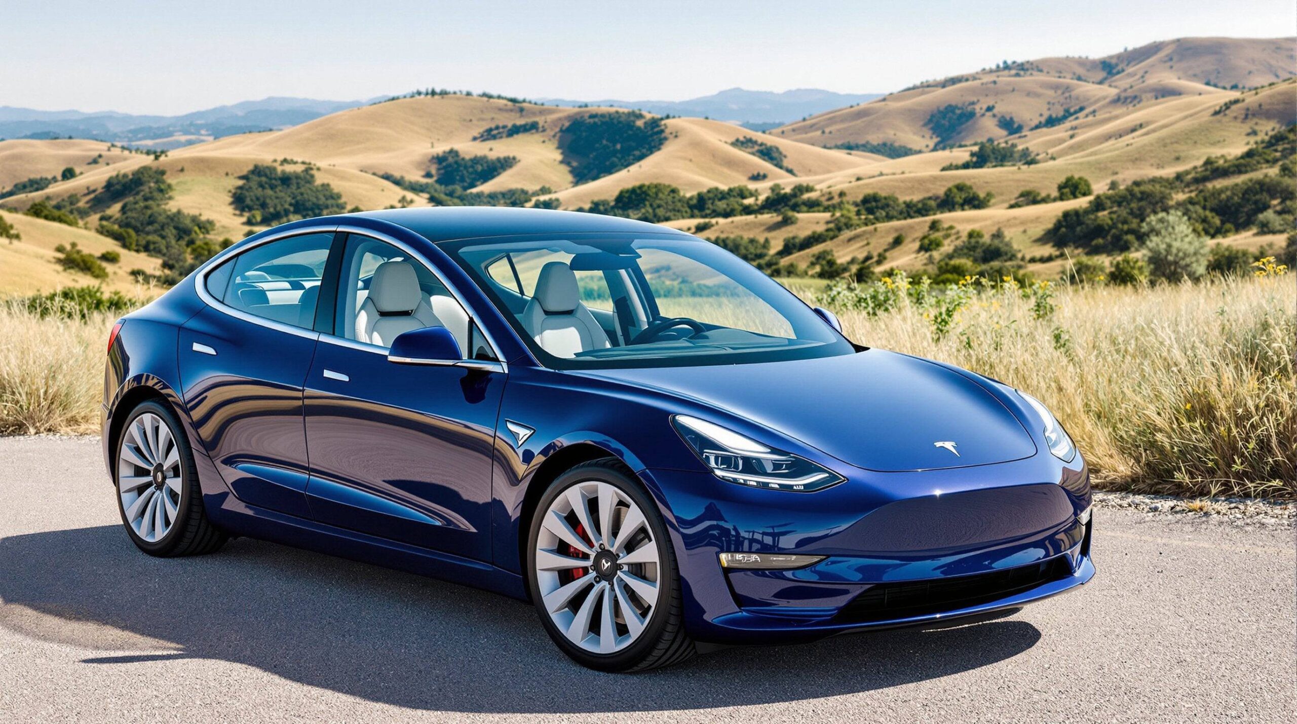 A blue Tesla Model 3 parked on a scenic road.